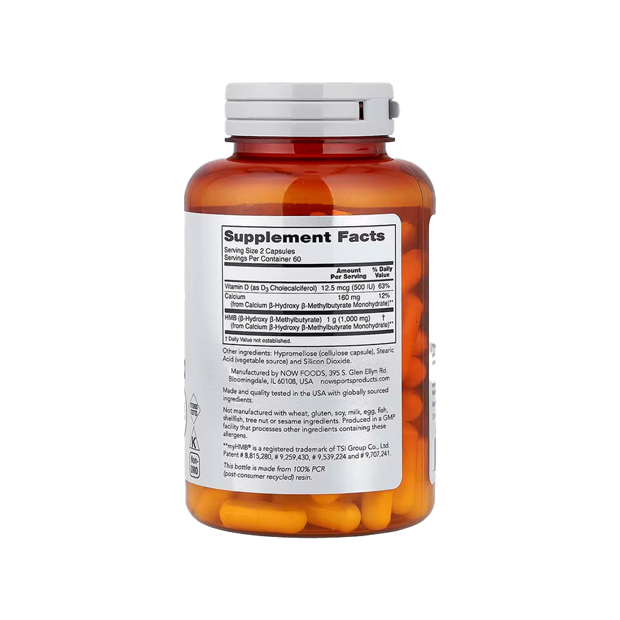 HMB 500mg 120 Cápsulas NOW Foods, suplemento com beta-hidroxi beta-metilbutirato para apoio à rotina de treino e recuperação muscular.