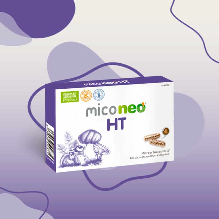 Frasco do Mico Neo HT com 60 cápsulas da NeoVital Health, suplemento com cogumelos medicinais para suporte à saúde cardiovascular.