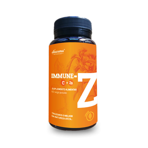 O Immune-Z da Dharma Botanicals é um suplemento alimentar em cápsulas vegetais com vitamina C, zinco, selénio e extratos vegetais de ashwagandha, guduchi e curcuma.