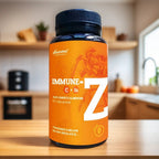 O Immune-Z da Dharma Botanicals é um suplemento alimentar em cápsulas vegetais com vitamina C, zinco, selénio e extratos vegetais de ashwagandha, guduchi e curcuma.