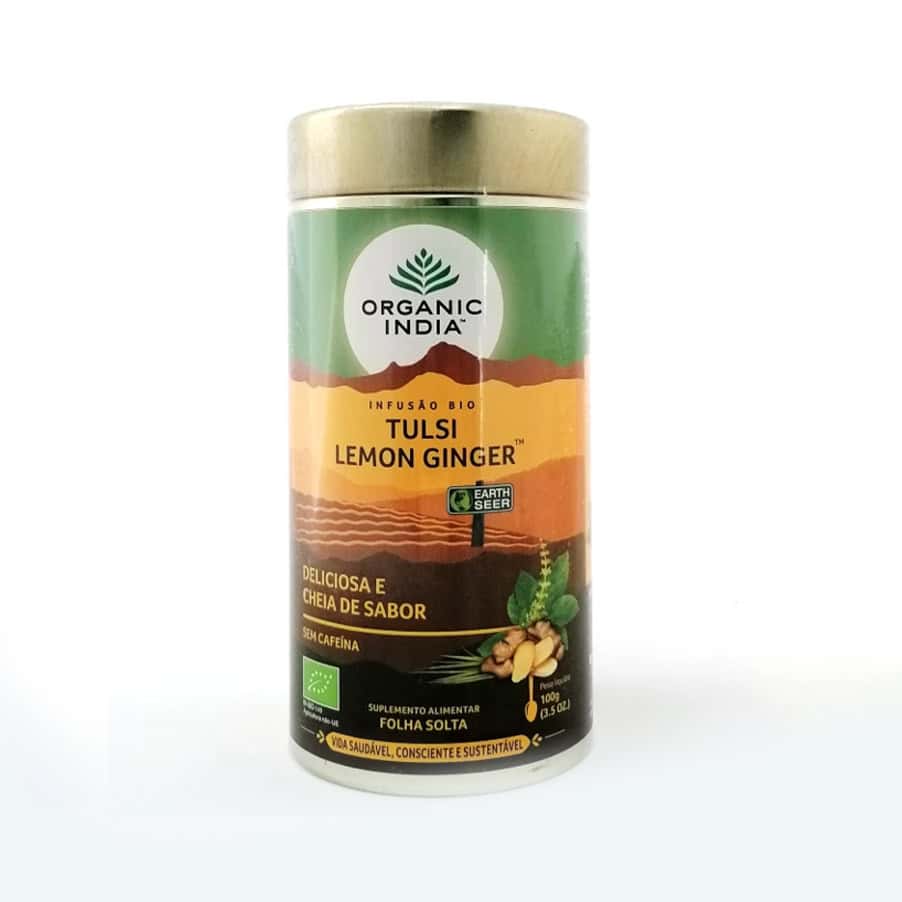Infusión de hojas sueltas de albahaca, limón y jengibre, lata de 100 g, orgánica, India.