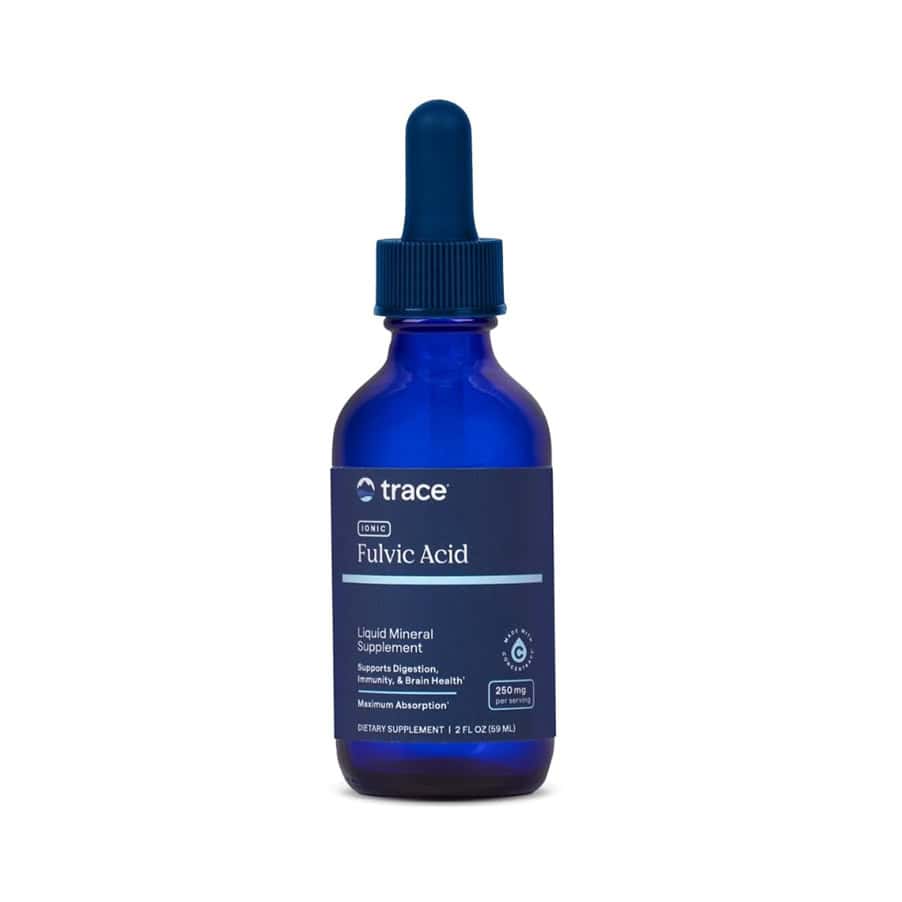 Ácido fúlvico iónico Trace Minerals 250 mg 59 ml en frasco con gotero, un suplemento líquido concentrado de ácido fúlvico.