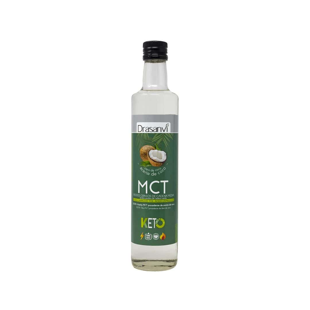 Óleo de côco MCT Keto Drasanvi frasco de 500ml, fonte pura de triglicéridos de cadeia média para energia rápida.