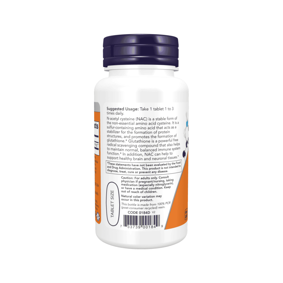 Frasco de suplemento alimentar NAC 1000mg Now com 120 comprimidos, apoio antioxidante e saúde celular.