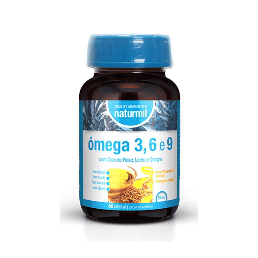 Complemento alimenticio Omega 3 6 9 en cápsulas, marca Naturmil, frasco con 60 cápsulas.