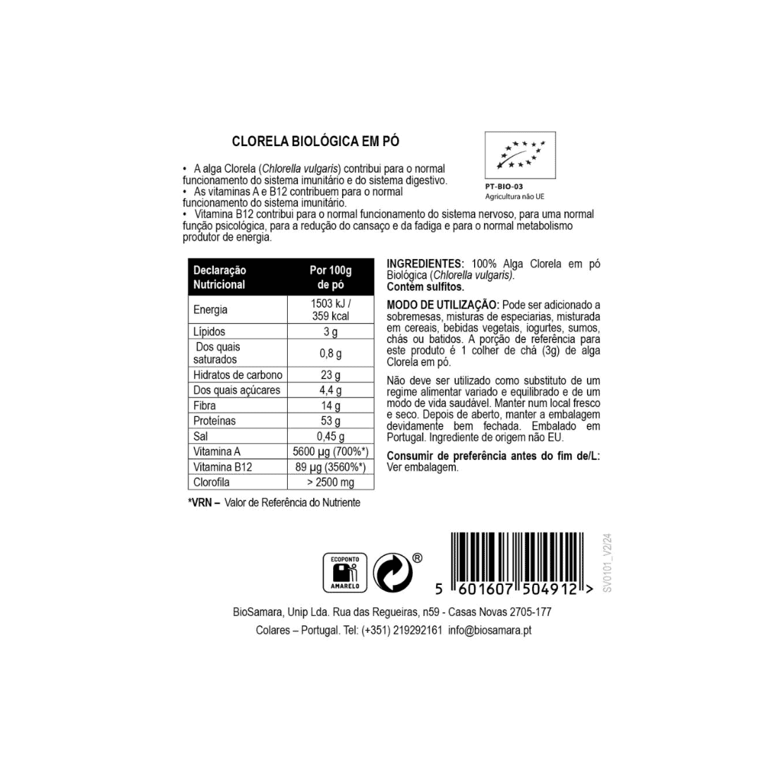 Clorela em pó 125g BioSamara em embalagem doypack, suplemento alimentar verde rico em nutrientes naturais.