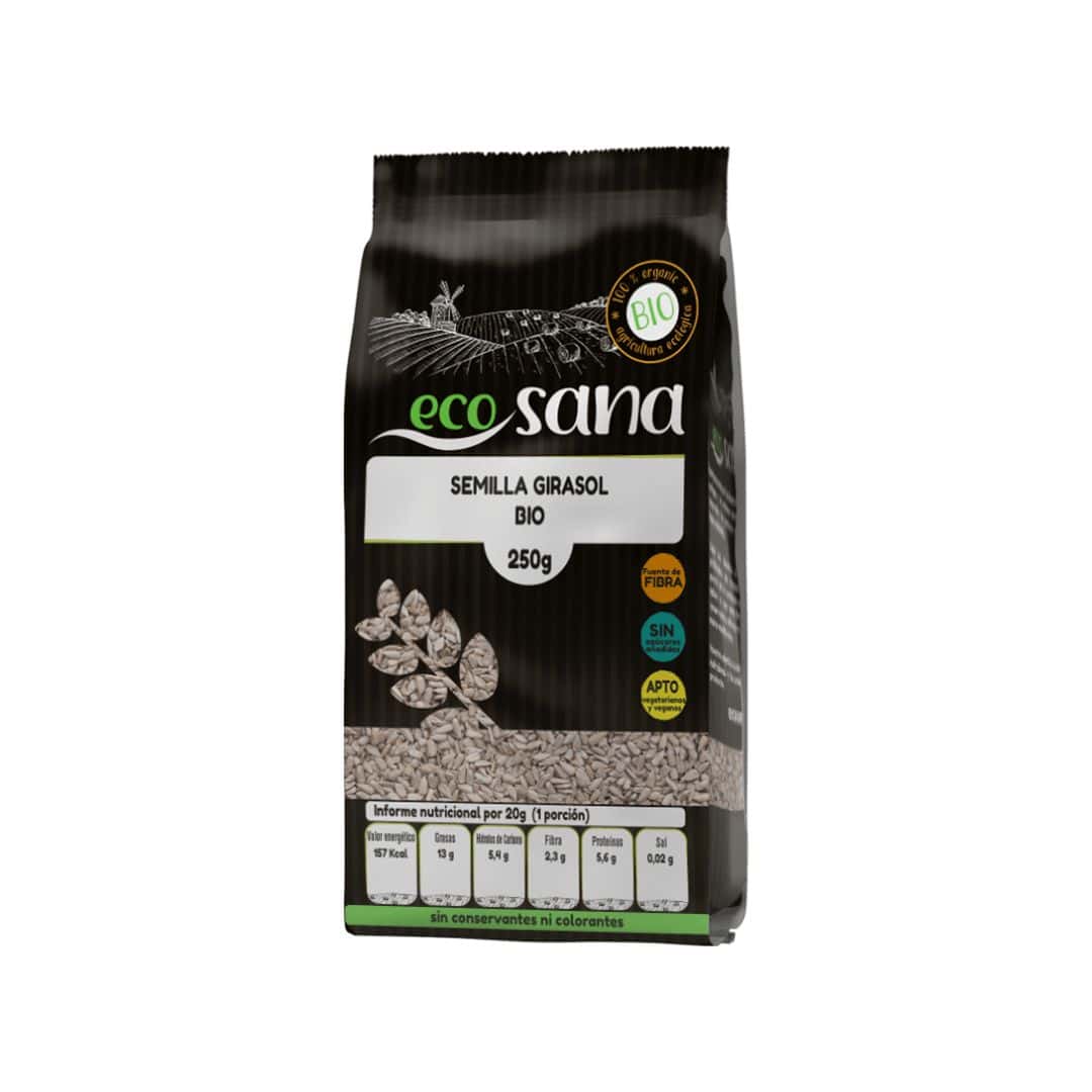 Semillas de girasol orgánicas Ecosana en un paquete de 250 gramos, ricas en nutrientes e ideales para picar entre horas o para usar en recetas.