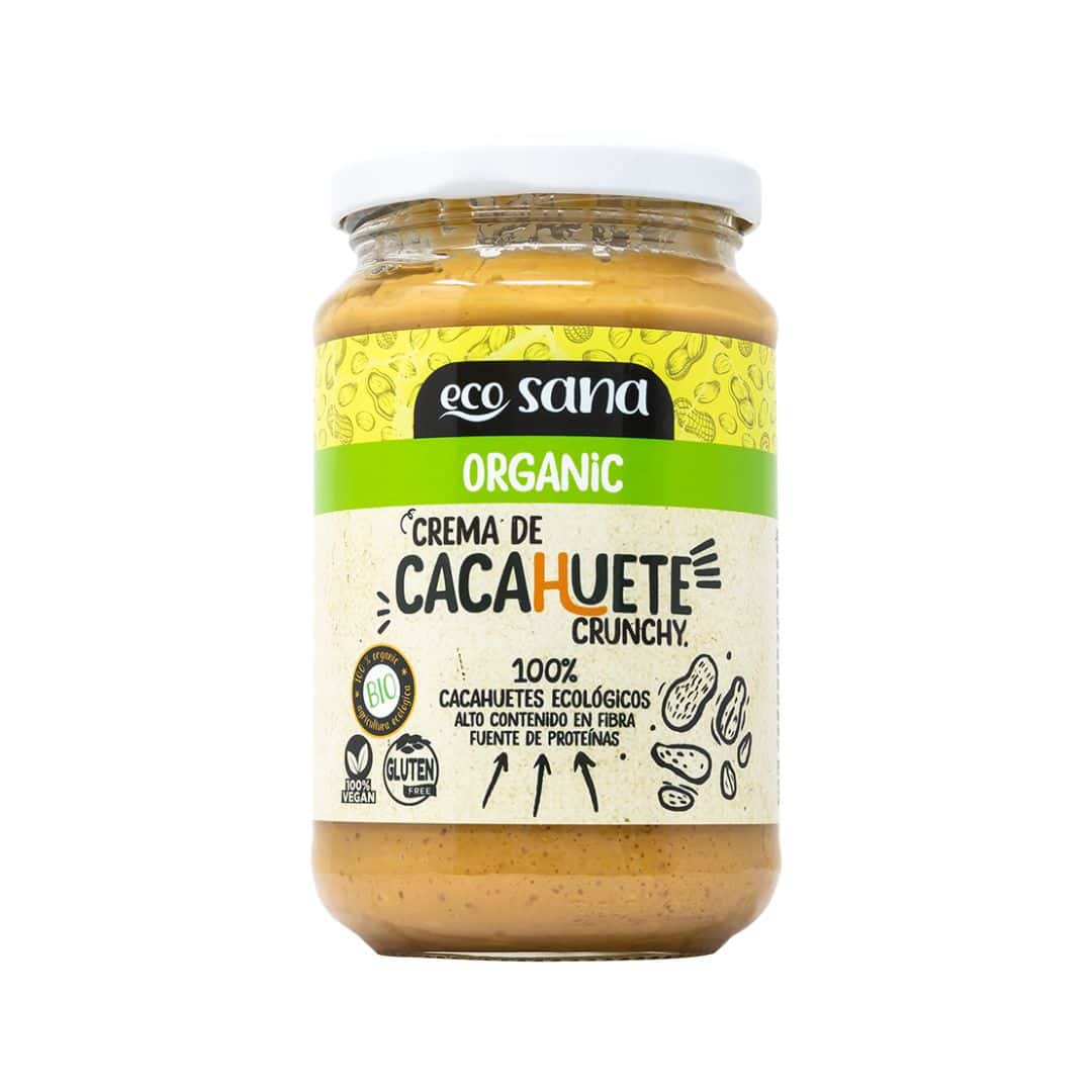 Mantequilla de cacahuete crujiente orgánica Ecosana en un tarro de 350 gramos, con una textura crujiente y un sabor natural.
