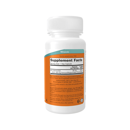 Hierro 36 mg Doble Concentración en un frasco con 90 cápsulas de Now: suplemento de hierro en cápsulas, dosis concentrada para la suplementación diaria.