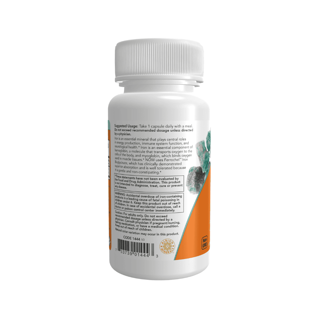 Hierro 36 mg Doble Concentración en un frasco con 90 cápsulas de Now: suplemento de hierro en cápsulas, dosis concentrada para la suplementación diaria.