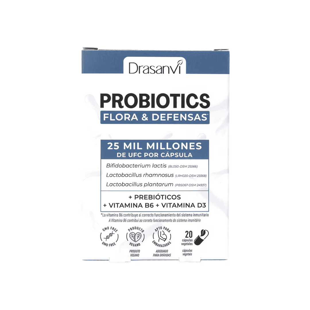 Probiotics Flora e Defesas 20 cápsulas Drasanvi suplemento probiótico para equilíbrio da flora intestinal e reforço do sistema imunitário.