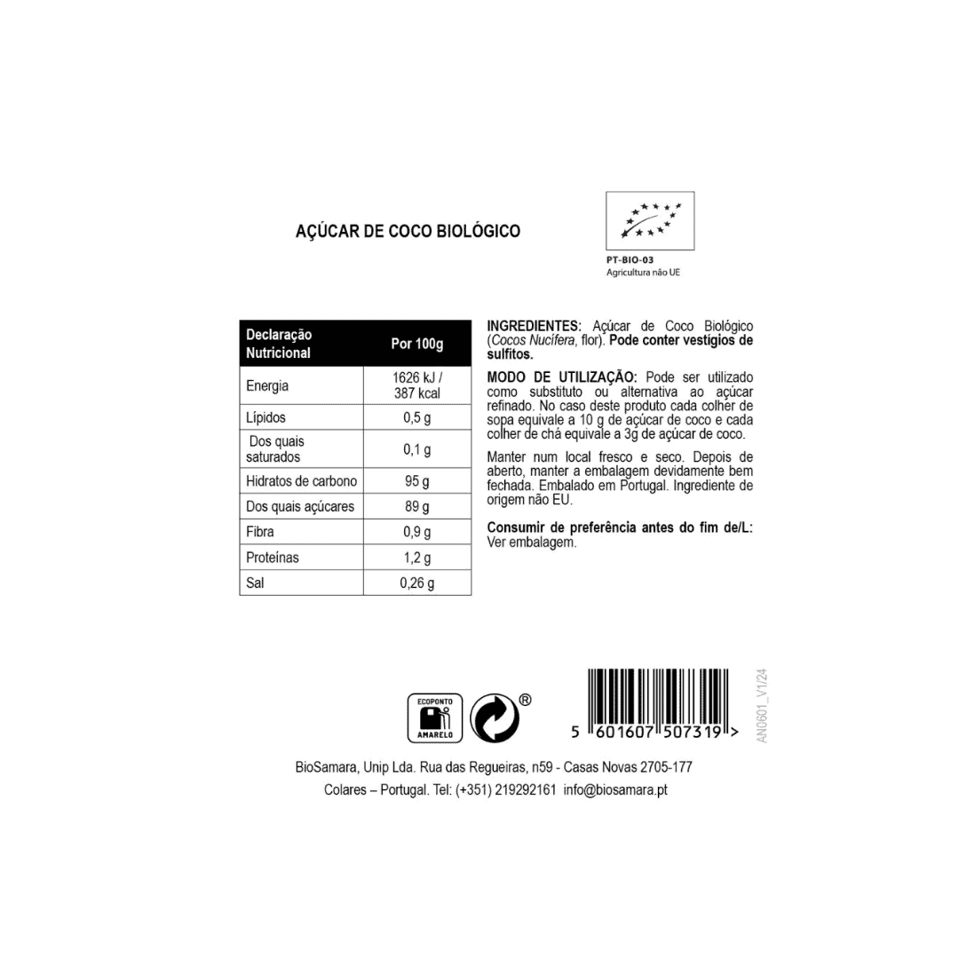 Açúcar de Côco BioSamara 250g em embalagem doypack, açúcar natural de coco com textura granulada castanha.