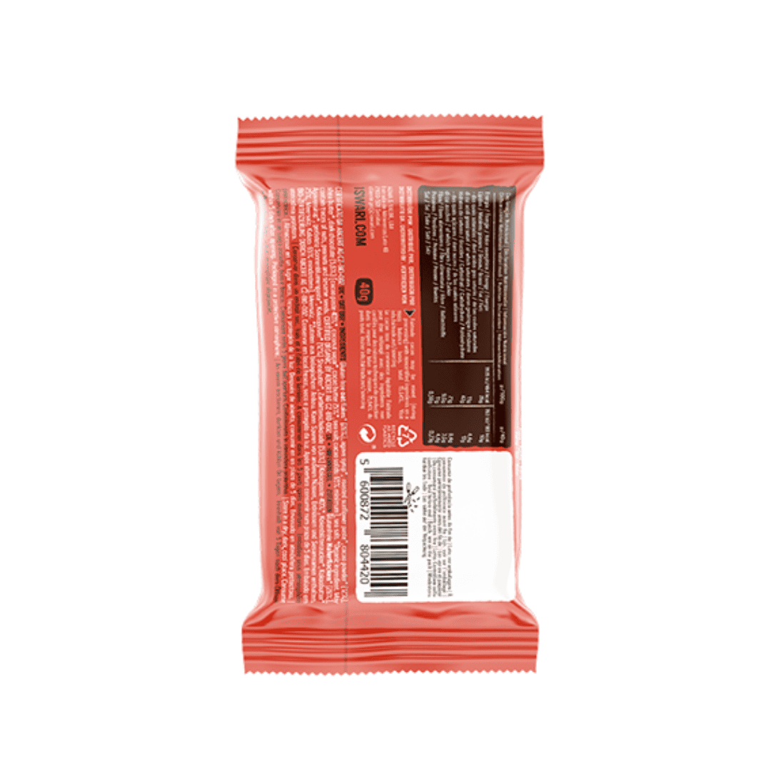 Barrita de avena Iswari con sabor a chocolate negro, ecológica, en envase de 40 g, un tentempié saludable y energizante.