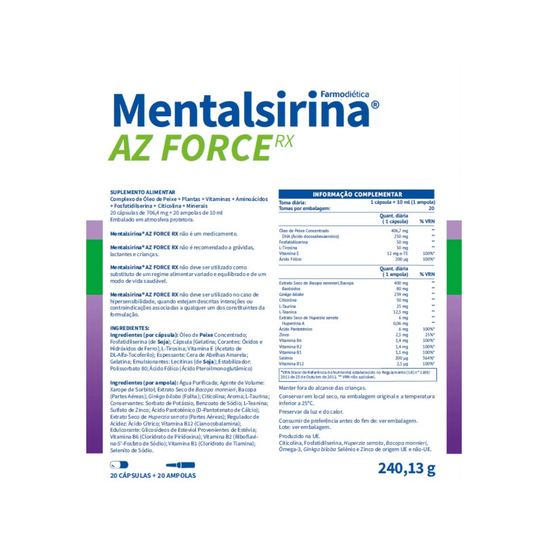 Suplemento alimentar Mentalsirina AZ Force RX Farmodiética com 20 cápsulas e 20 ampolas, fórmula avançada para energia mental, memória e concentração.