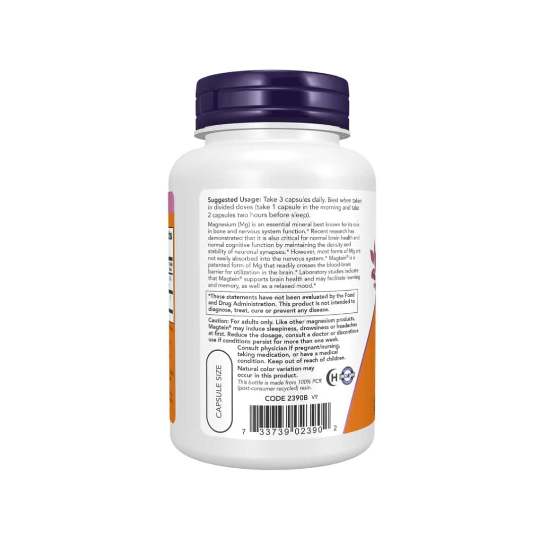 Magtein L-Treonato de Magnésio 180 cápsulas Now Foods suplemento para função cognitiva e memória
