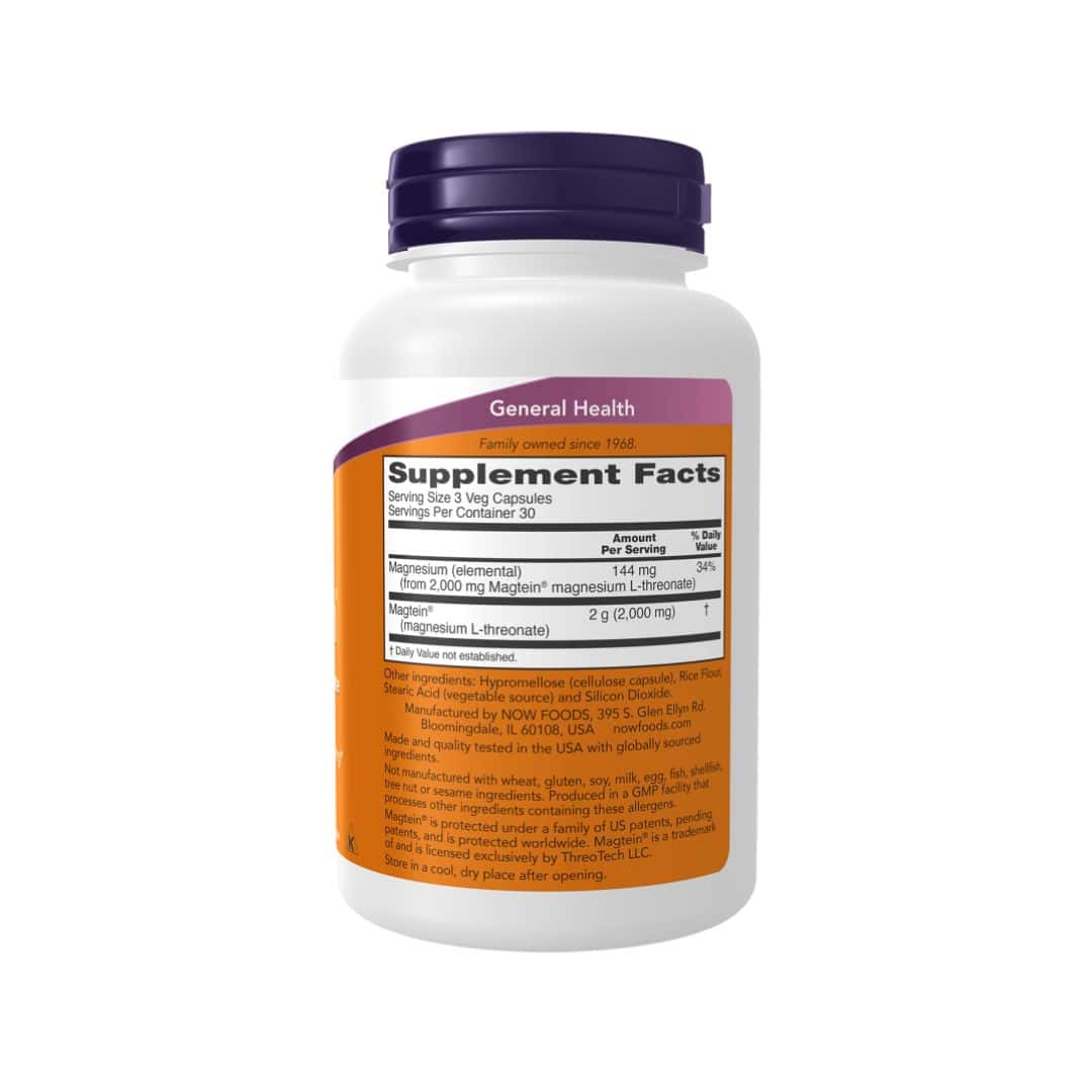 Magtein L-Treonato de Magnésio 180 cápsulas Now Foods suplemento para função cognitiva e memória