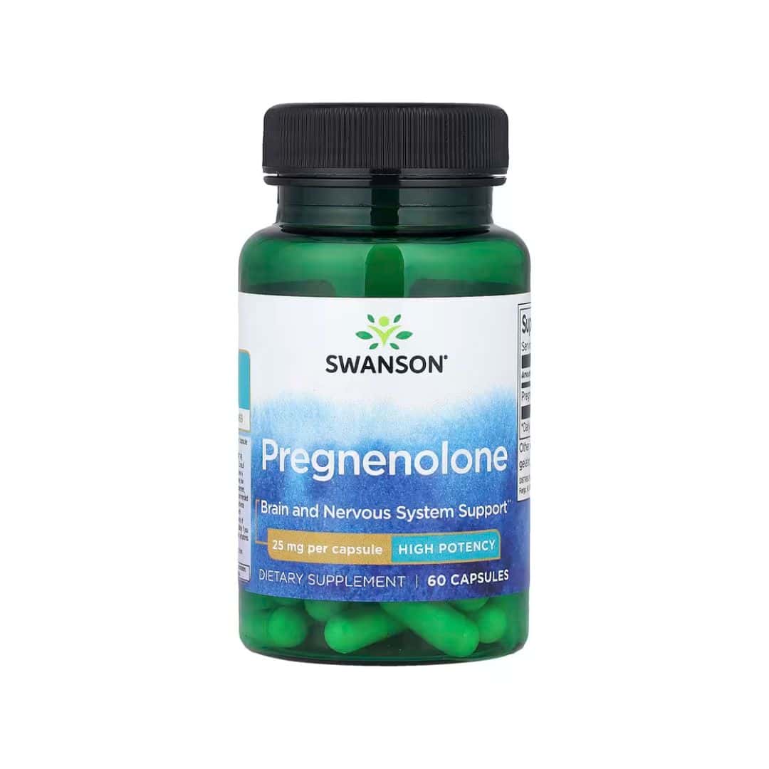 Pregnenolona 25mg Swanson em cápsulas, suplemento alimentar para apoio ao equilíbrio hormonal e função cognitiva.