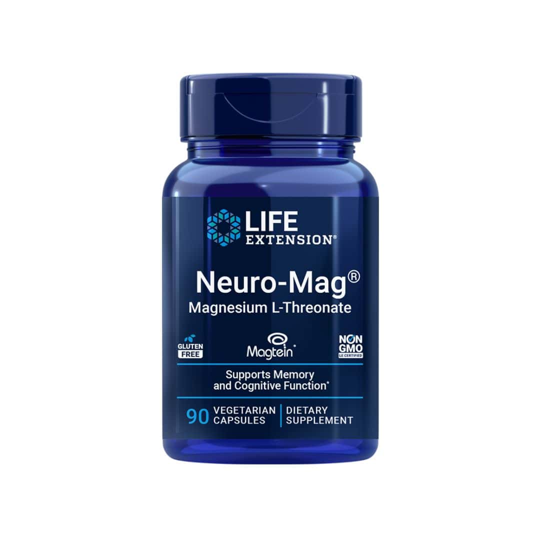 Neuro-Mag Magnésio L-Treonato Life Extension em cápsulas, suplemento alimentar para apoio à função cognitiva e saúde cerebral.