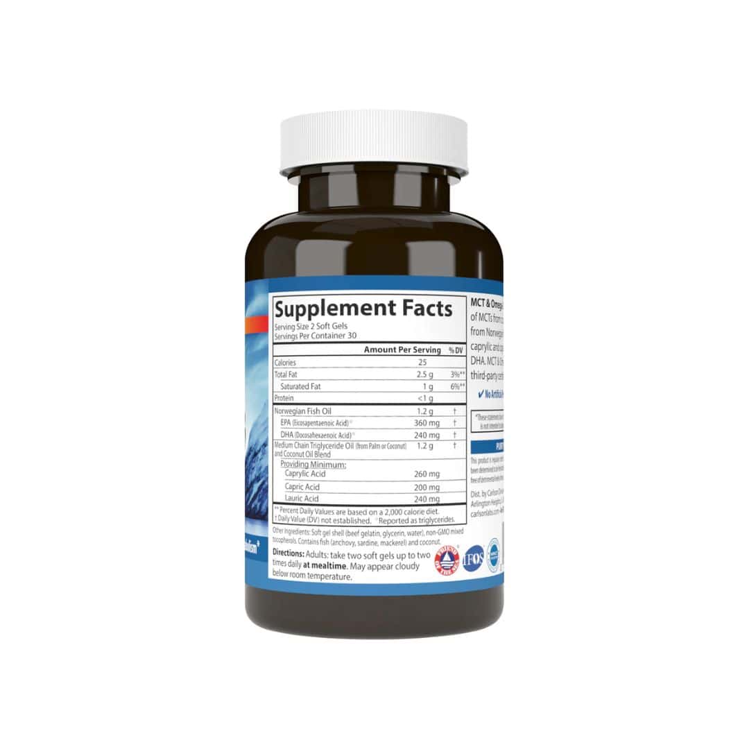 MCT e Omega-3 120 + 30 cápsulas Carlson Labs suplemento com óleo MCT e ácidos gordos ómega-3 EPA e DHA