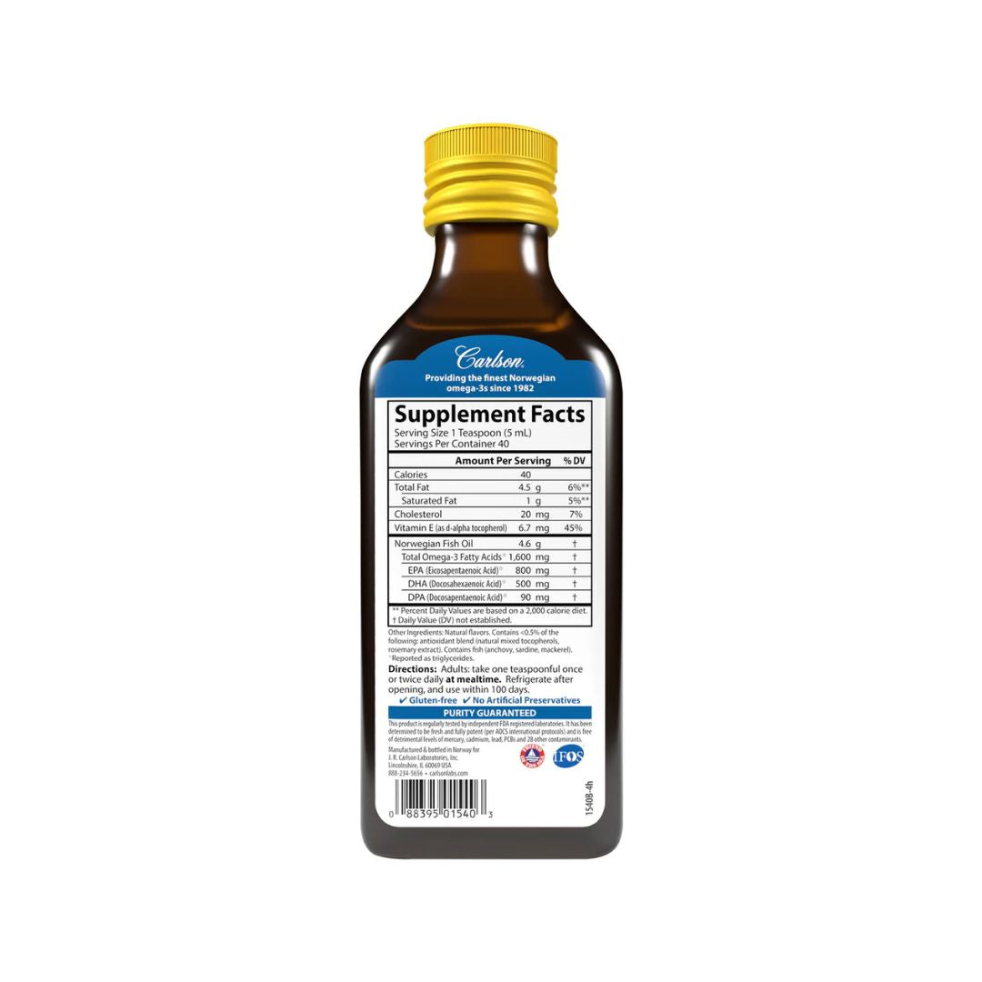 Norwegian Fish Oil Ómega 3 1600mg 200ml Carlson Labs óleo de peixe líquido com EPA e DHA