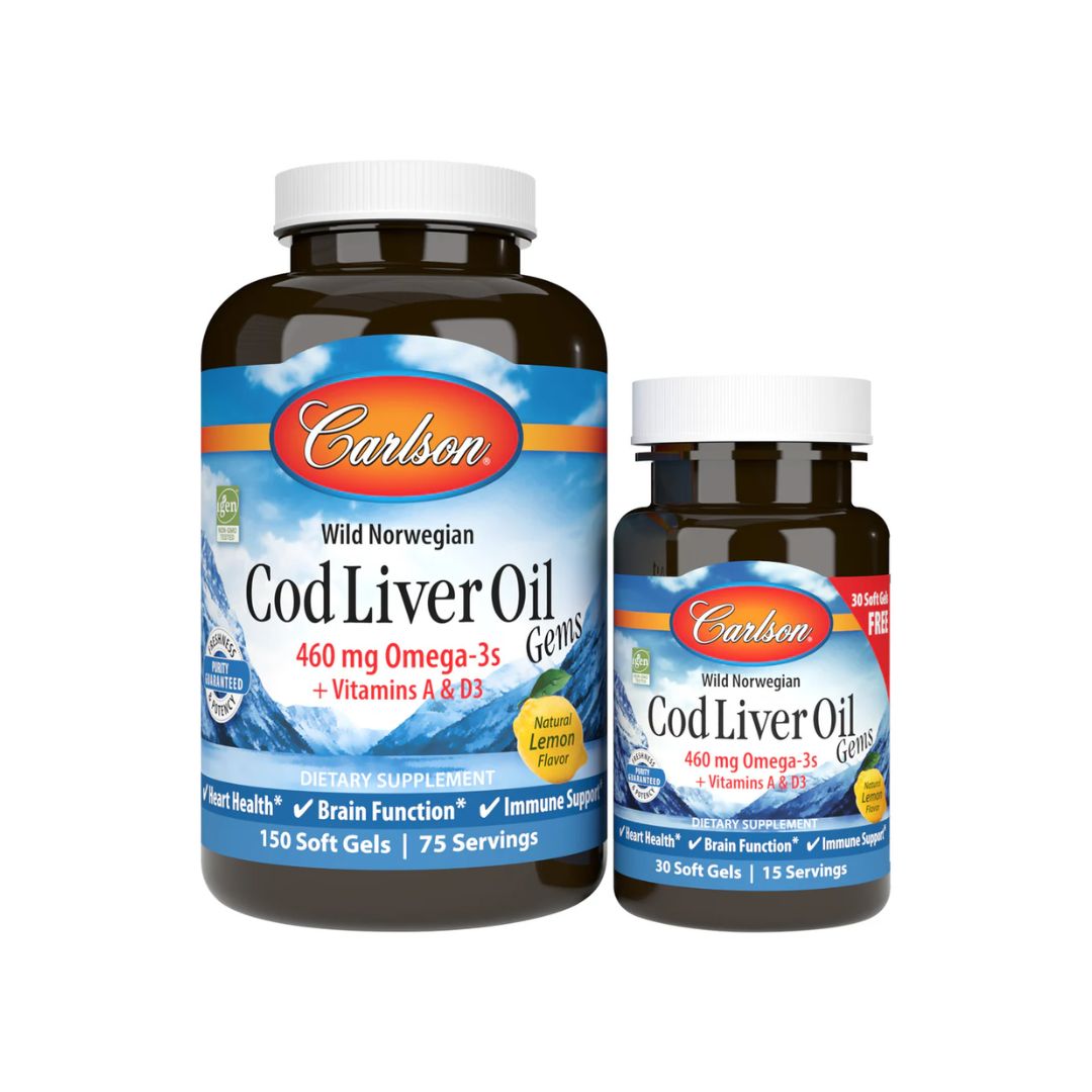 Cod Liver Oil Gems 460mg 150 + 30 cápsulas Carlson Labs óleo de fígado de bacalhau com ómega-3
