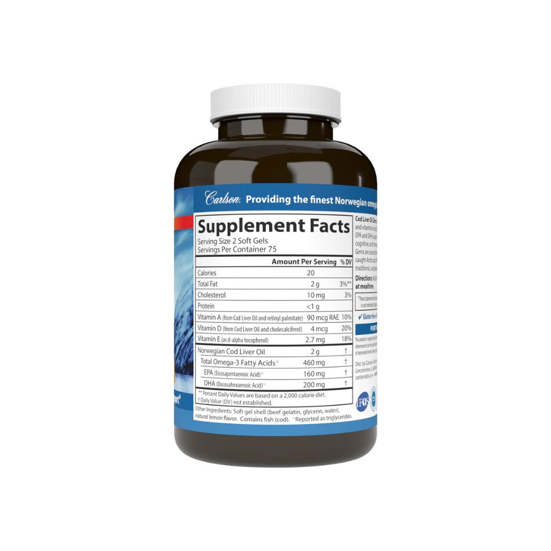 Cod Liver Oil Gems 460mg 150 + 30 cápsulas Carlson Labs óleo de fígado de bacalhau com ómega-3