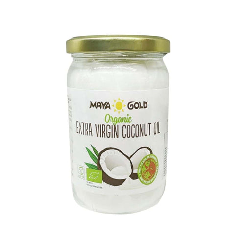 Aceite de coco virgen extra orgánico Maya Gold de 450 g en botella de vidrio, aceite orgánico prensado en frío para uso alimentario y culinario.