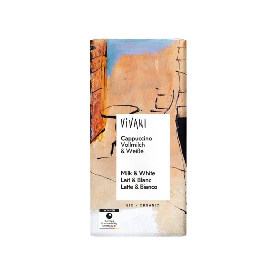 Chocolate BIO leite e branco capuccino 100g Vivani, tablete de chocolate biológico com combinação de chocolate de leite e chocolate branco com sabor a café.