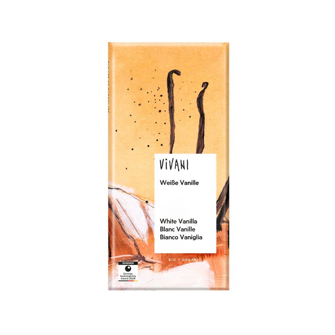 Chocolate Branco com Baunilha Bio 80g Vivani em tablete, embalagem ilustrada com flor de baunilha, chocolate biológico de comércio justo.