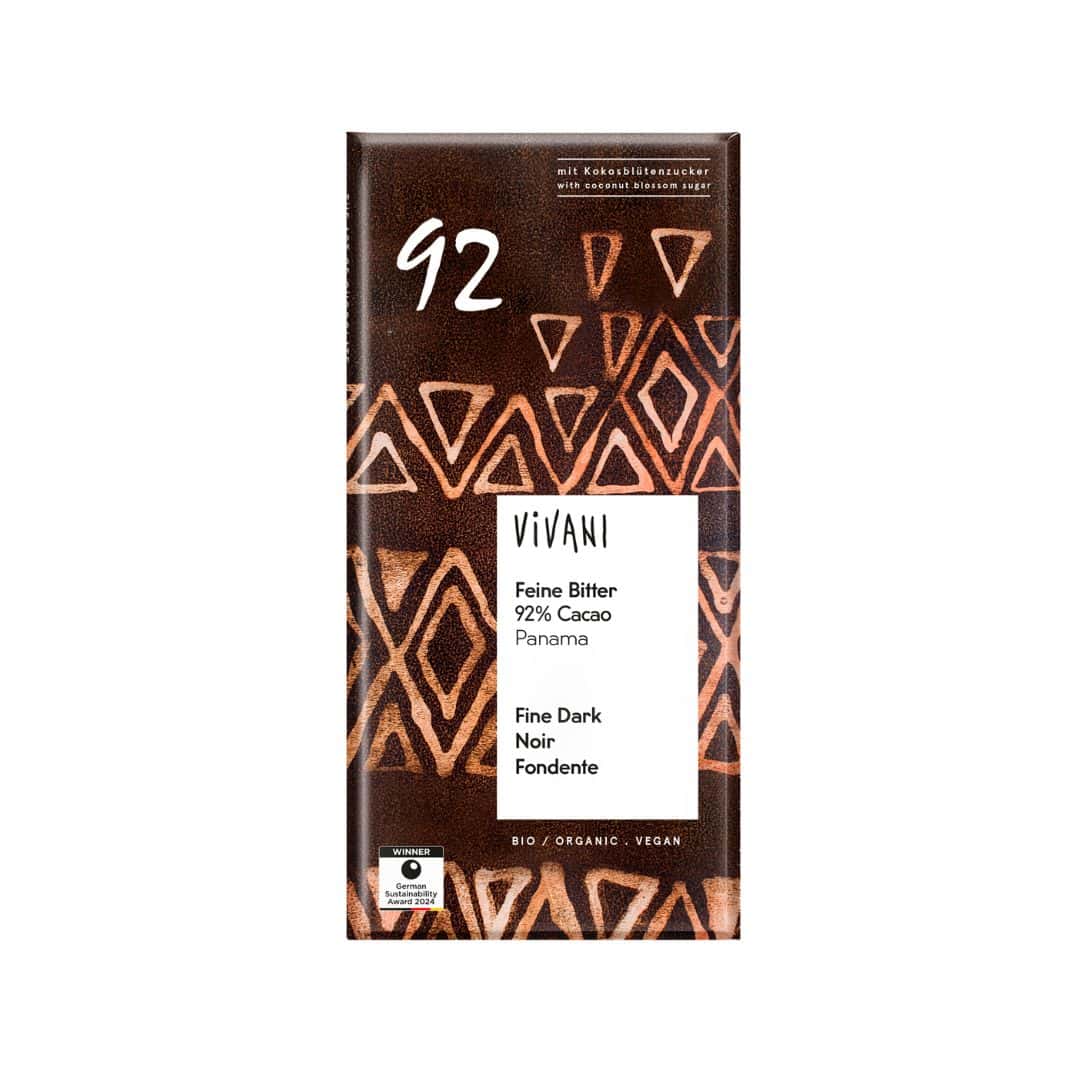 Chocolate Negro 92% Cacau Bio 80g Vivani em tablete, embalagem ilustrada, chocolate biológico com teor muito elevado de cacau.