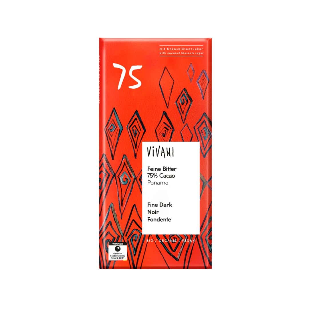Chocolate Negro 75% Cacau Bio 80g Vivani em tablete, embalagem ilustrada, chocolate biológico com elevado teor de cacau.