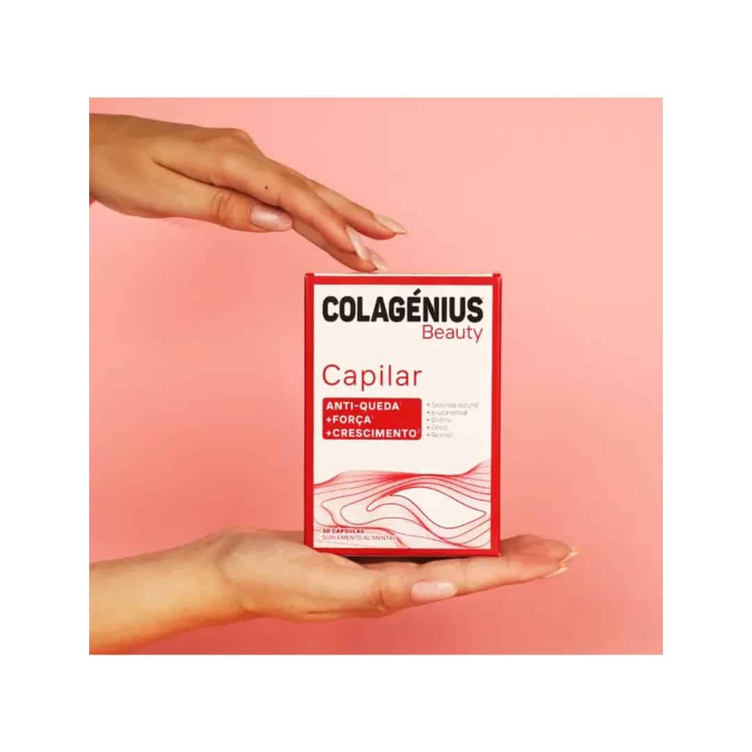 Cápsulas capilares COLAGÉNIUS Beauty en una caja de 30 cápsulas para fortalecer y dar brillo al cabello.