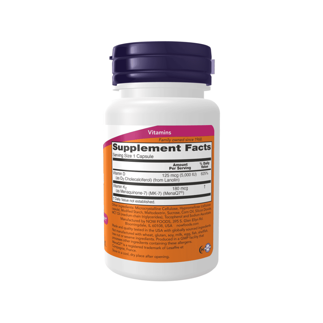 Mega D3 e MK7 5000 IU/180 mcg 120 Cápsulas Now