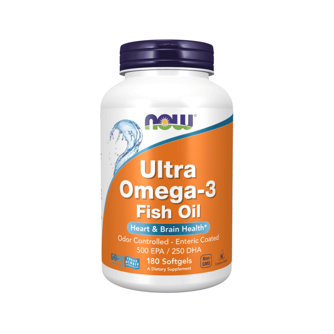 Now Foods Ultra Omega 3 Fish Oil es un suplemento con 180 cápsulas de aceite de pescado rico en EPA y DHA para el apoyo cardiovascular y cerebral.