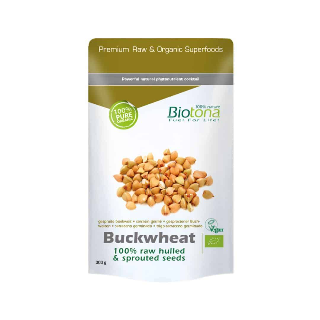 Trigo sarraceno germinado biológico Biotona em grão, rico em nutrientes e naturalmente sem glúten.