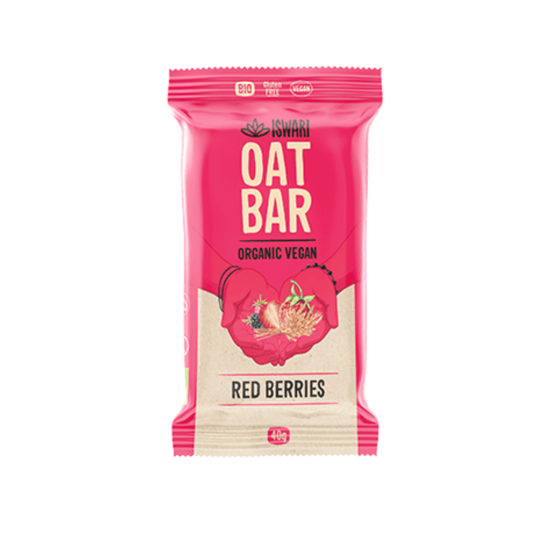 Barra de aveia Iswari sabor bagas vermelhas, biológica, em embalagem de 40g, snack nutritivo e energético.