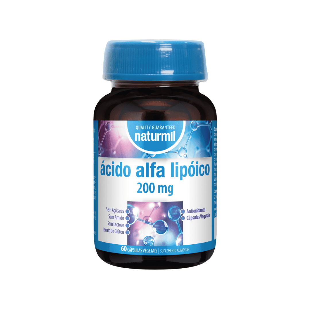 Frasco de suplemento alimentar Naturmil Ácido Alfa Lipóico 200mg com 60 cápsulas, antioxidante natural para saúde celular e metabolismo energético.