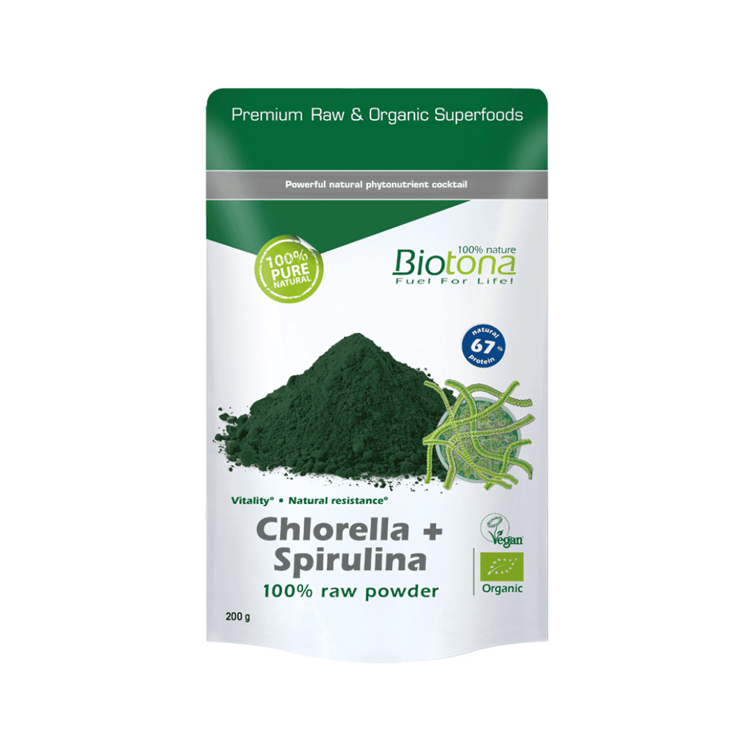 Biotona Chlorella + Spirulina, envase de 200 g de polvo 100% natural, un suplemento rico en clorofila, proteínas y nutrientes para la vitalidad y la desintoxicación.