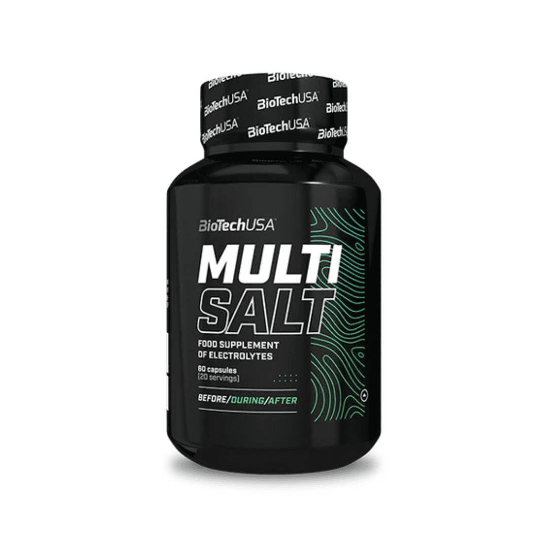 Suplemento multisalina Biotech USA en frasco con 60 cápsulas, ideal para la reposición de electrolitos durante entrenamientos intensos.