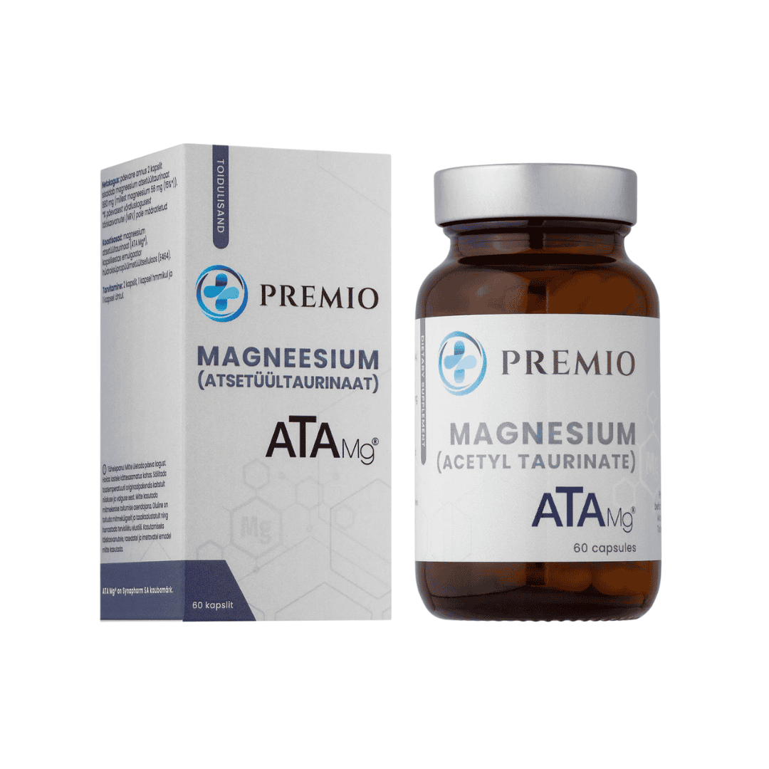 Frasco de suplemento Magneesium ATA Acetil Taurato 60 cápsulas da marca Premio, indicado para apoio ao sistema nervoso e desempenho cognitivo.
