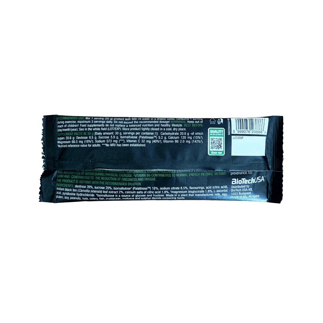 Biotech USA Limón Isotónico Ice Tea Sobre 30g, bebida isotónica en polvo con sabor a limón para hidratación y energía durante el entrenamiento.
