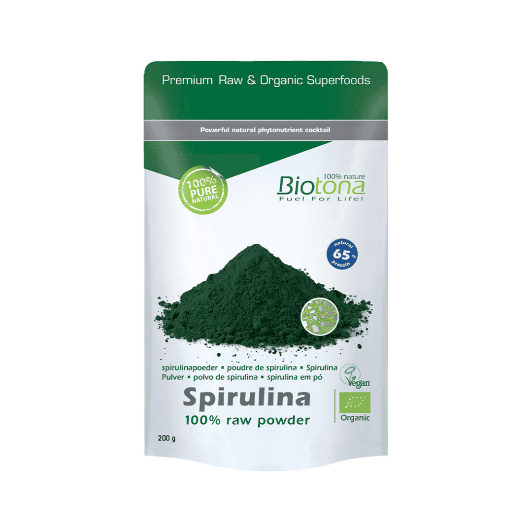 Espirulina en polvo 100% cruda de Biotona, paquete de 200 g, un suplemento natural rico en proteínas y nutrientes.