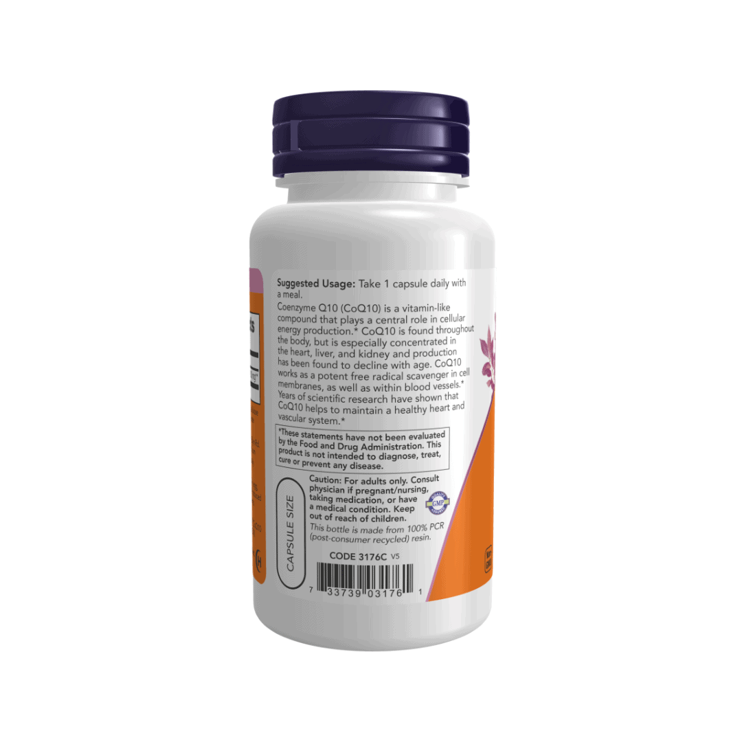Frasco de suplemento alimentar Coenzima Q10 200mg Now Foods com 60 cápsulas