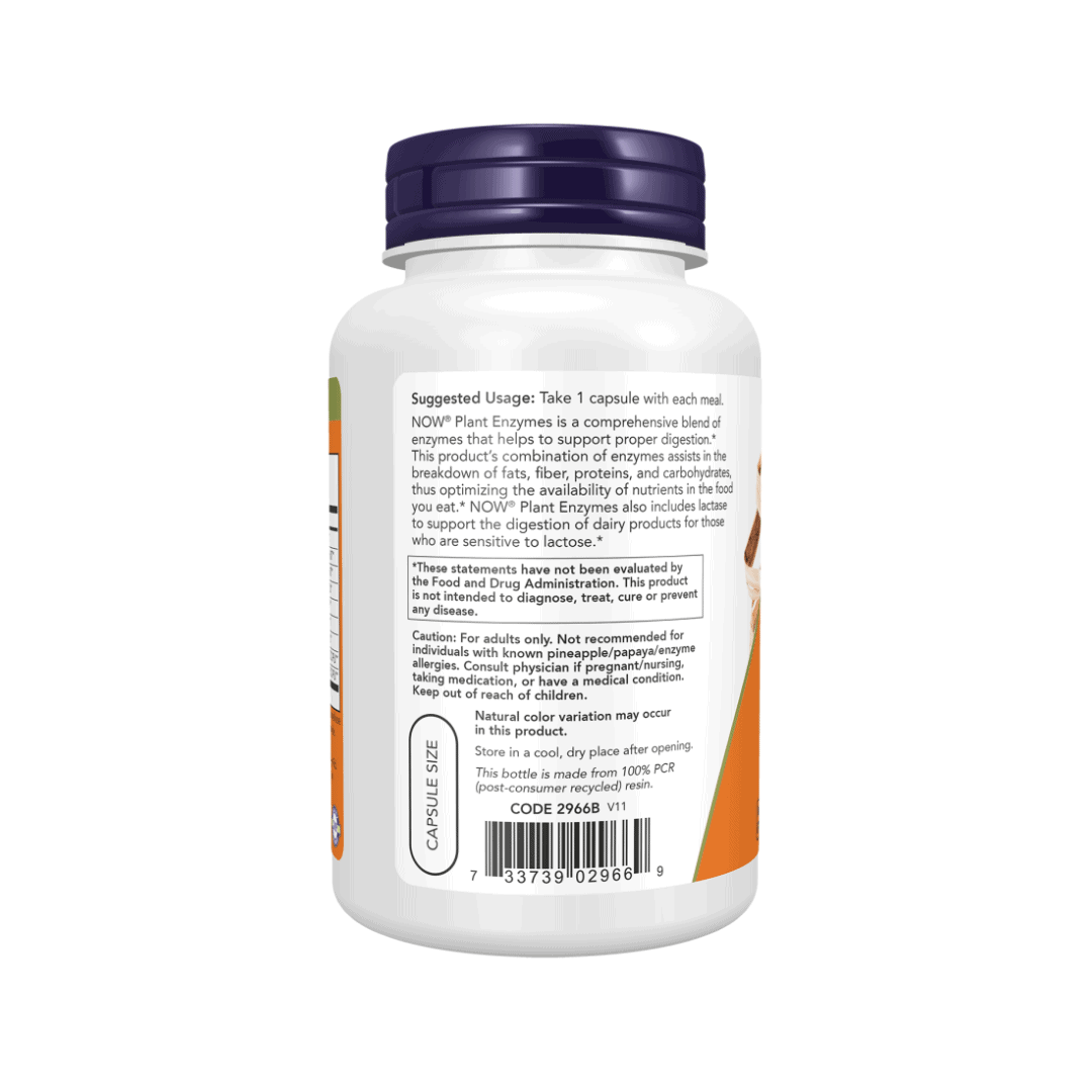 Suplemento digestivo Plant Enzymes Now em frasco com 240 cápsulas vegetais para apoio à digestão natural.