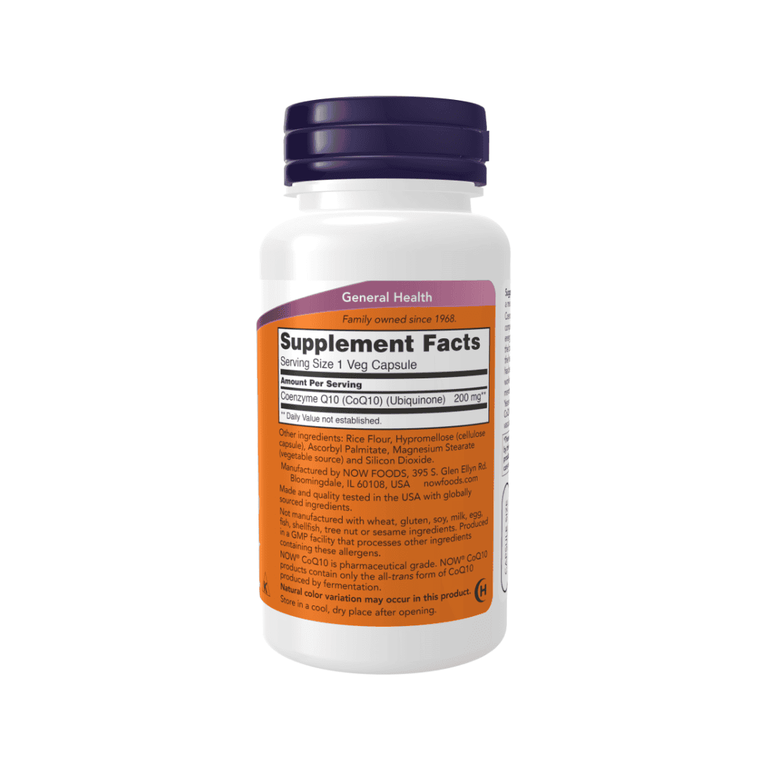 Frasco de suplemento alimentar Coenzima Q10 200mg Now Foods com 60 cápsulas