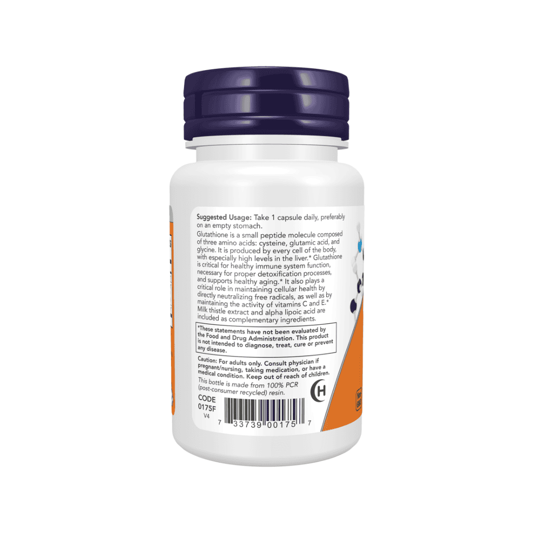 Frasco de suplemento alimentar Now Foods Glutationa 500mg com 30 cápsulas vegetais antioxidantes.
