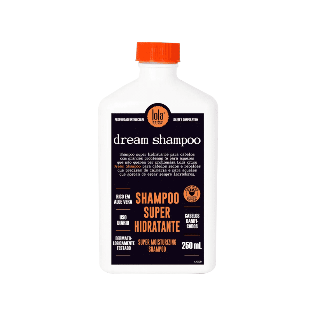 frasco de shampoo lola dream super hidratante 250ml com rótulo colorido, indicado para cabelos secos e ressecados