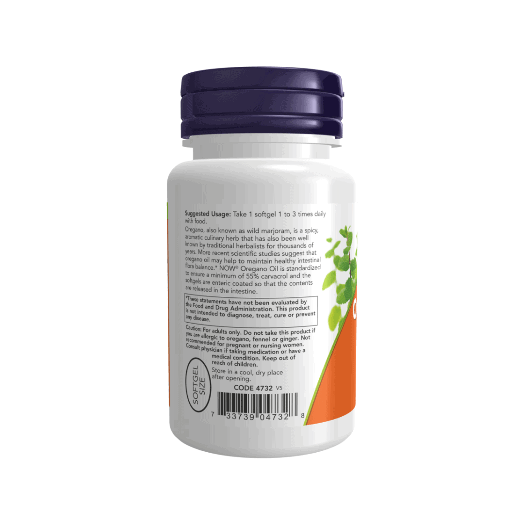 Frasco de suplemento alimentar Óleo de Orégão Now com 90 cápsulas gel, apoio ao sistema imunitário.