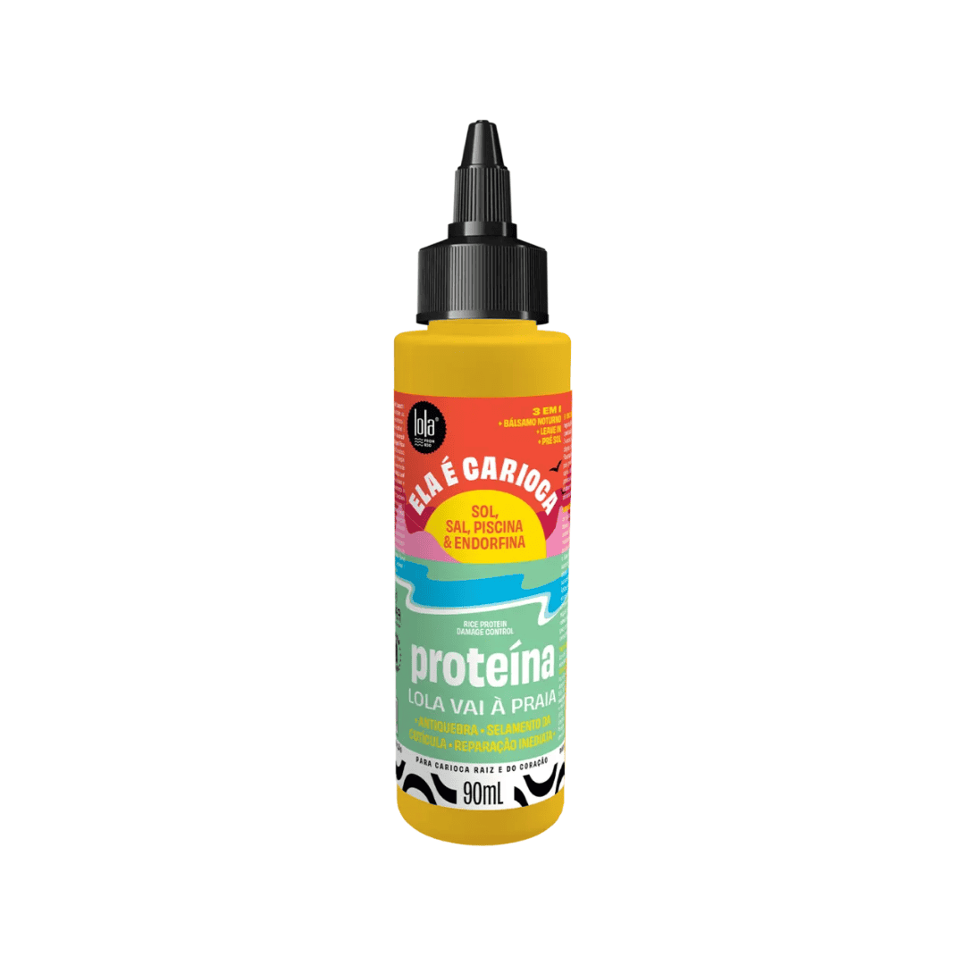 Tratamento capilar com proteína vegetal Ela é Carioca Lola Vai à Praia 90ml, que fortalece e repara os fios expostos ao sol, mar e piscina.