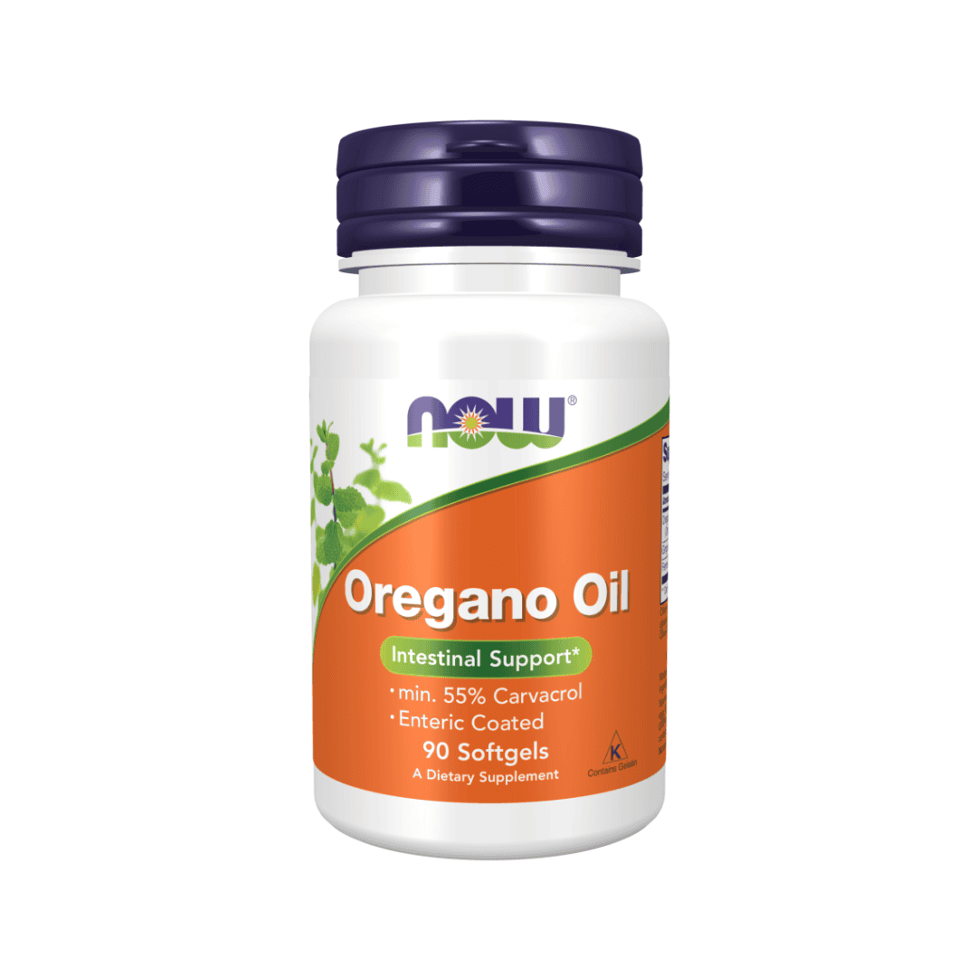 Frasco de suplemento alimentar Óleo de Orégão Now com 90 cápsulas gel, apoio ao sistema imunitário.